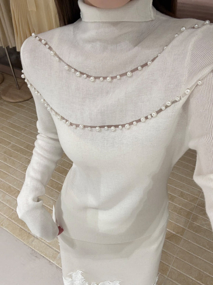 【tops】パール付きハイネックニットトップス Q9133