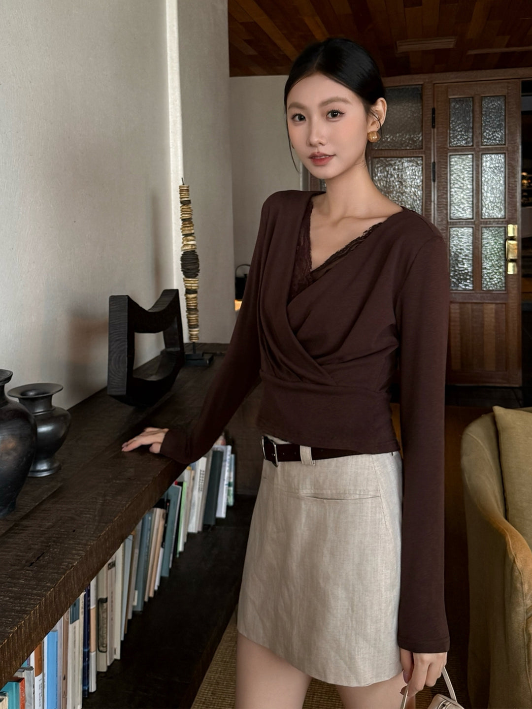 【tops】レースドッキングクロスネックトップス Q8923