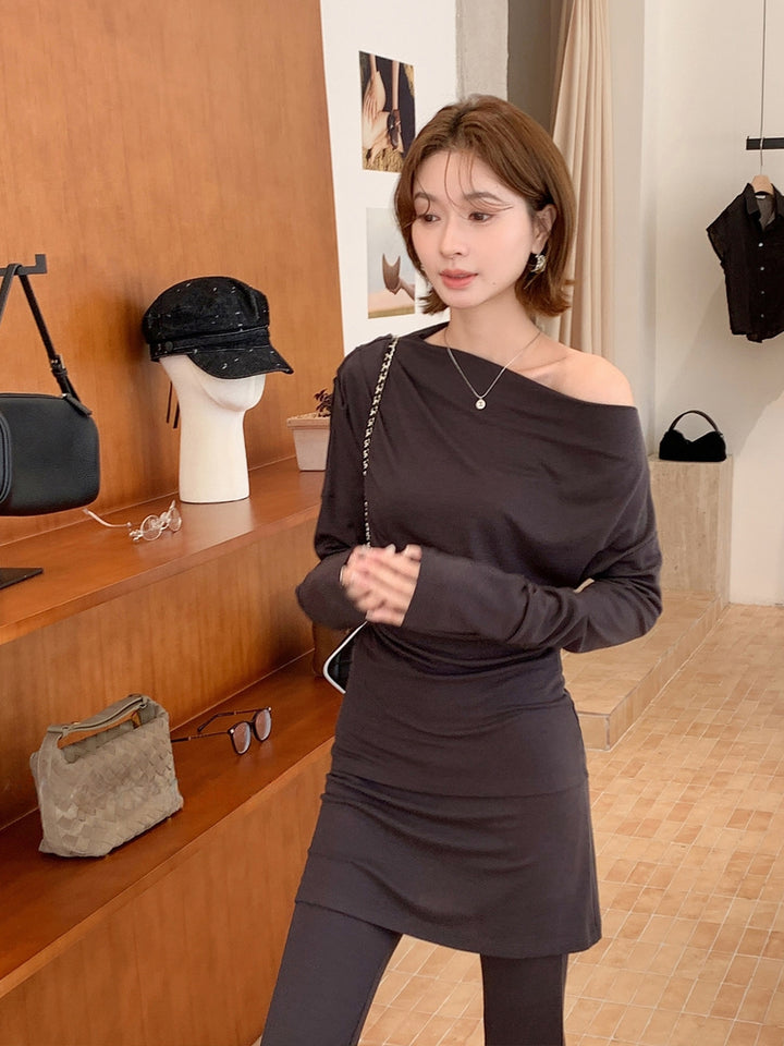 【set】オフショルダートップス×フェイクレイヤードパンツセット Q9114