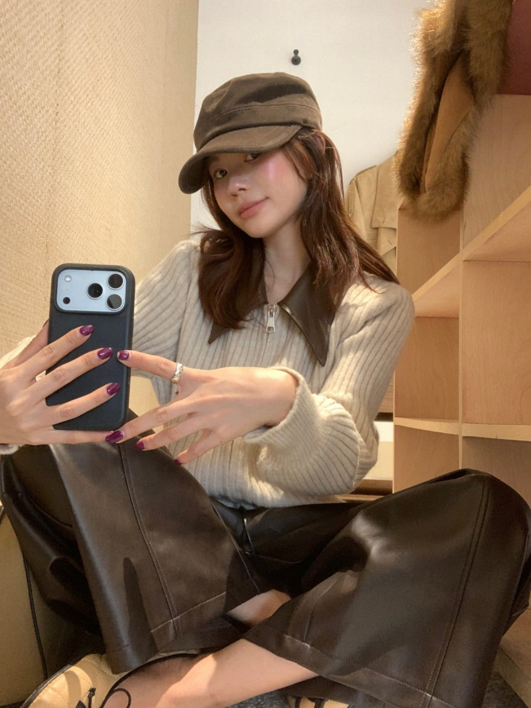 【outer】PUネックドッキングニットカーディガン Q9267
