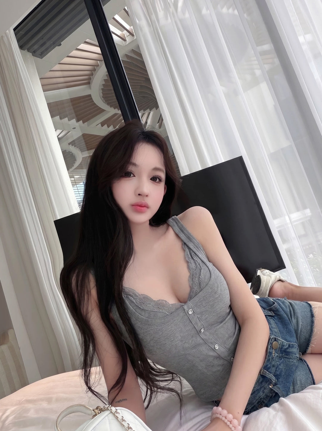 【tops】レースドッキングニットフェイクレイヤードキャミソール Q8736