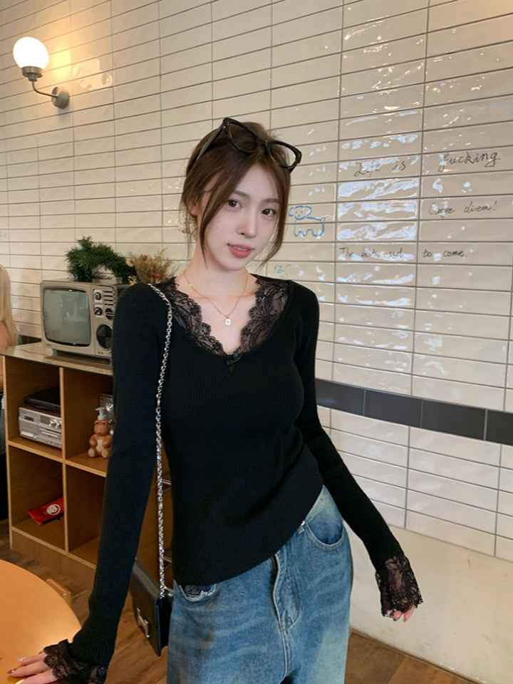 【tops】レースドッキングニットトップス Q9343
