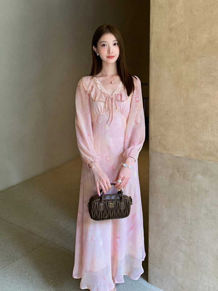 【dress】フラワー柄レースドッキングロングワンピース Q8998