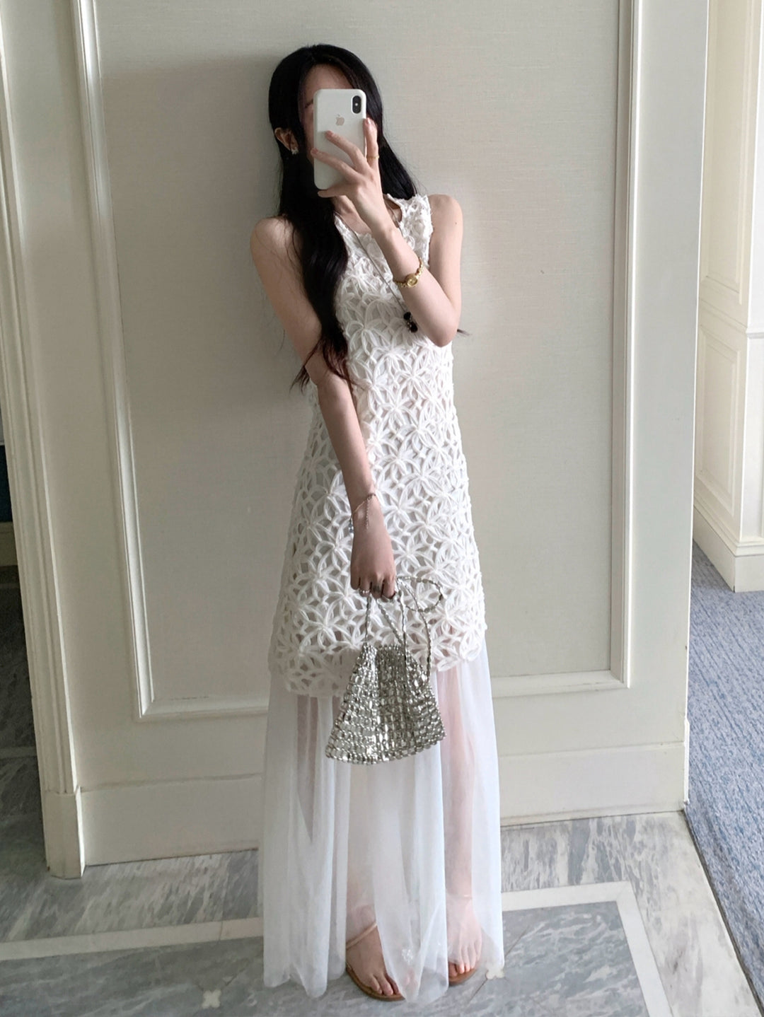 【dress】ノースリーブチュールドッキングロングワンピース Q8674