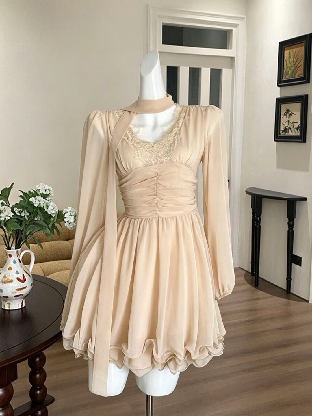 【dress】レースドッキングチュールワンピース Q9106