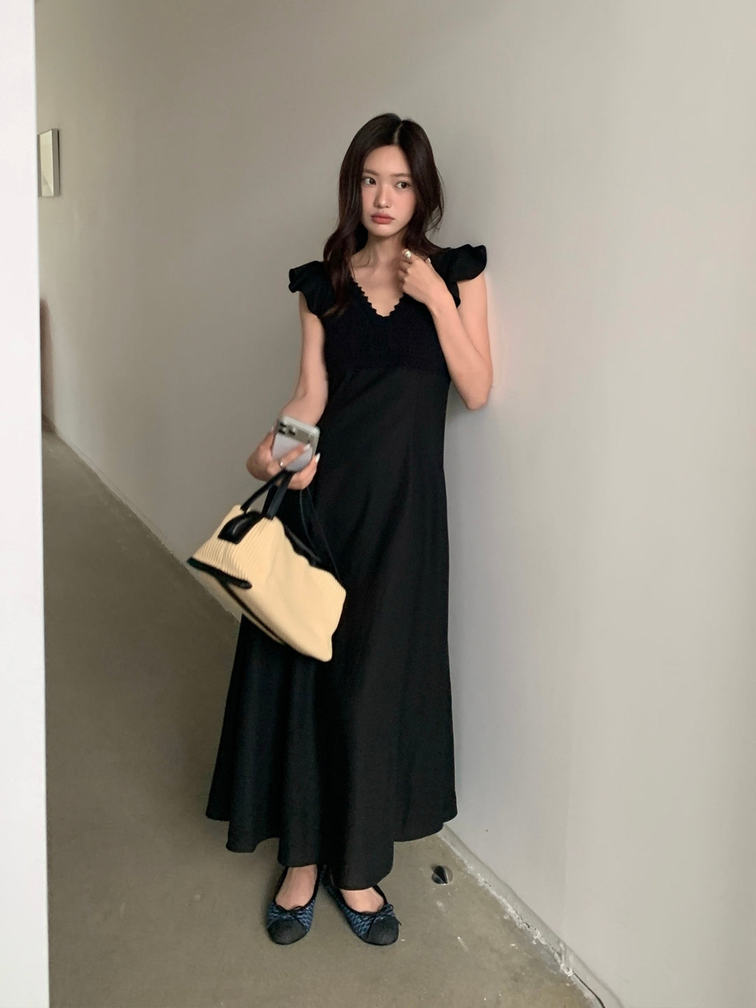 【dress】レースドッキングフラッタースリーブワンピース Q8672