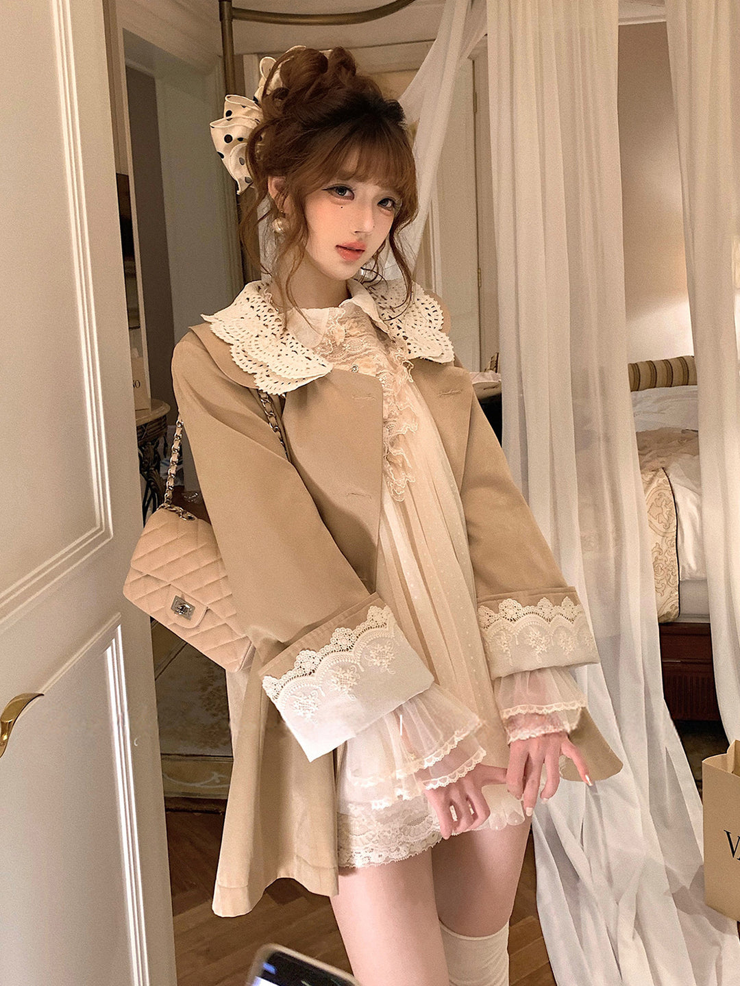 【dress】ギャザーフリルレースドッキングミニワンピース Q9229