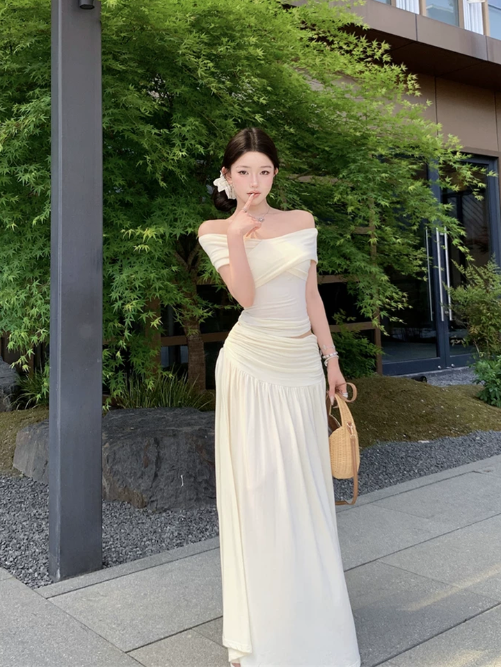 【set】クロスネックトップス×ロングスカートセット Q8566