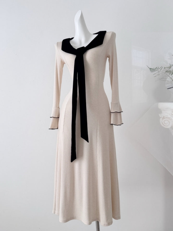 【dress】リボン付きニットロングワンピース Q9265