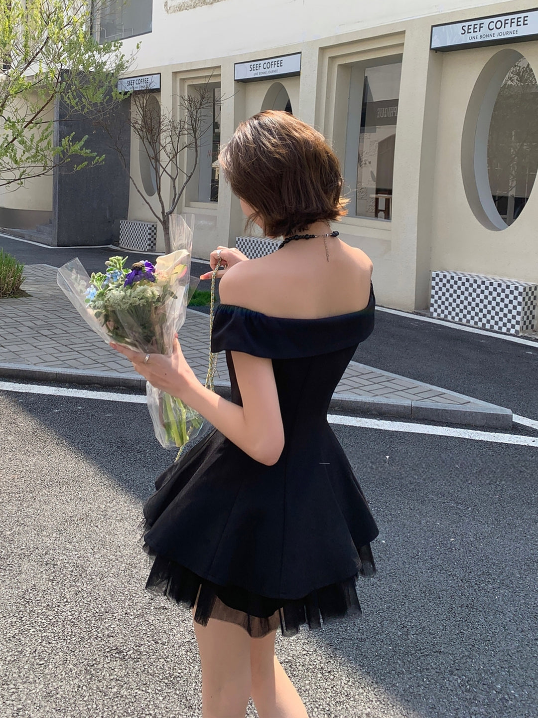【set】オフショルダートップス×チュールミニスカートセット Q8676