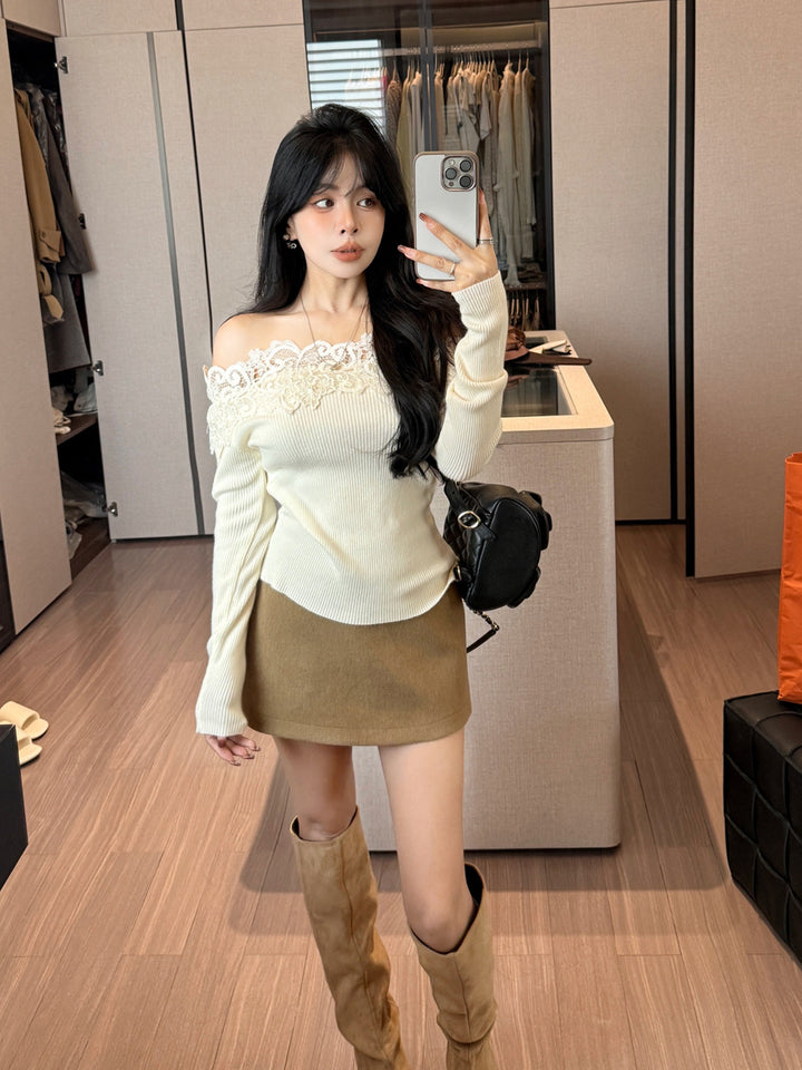 【tops】レースドッキングオフショルダーニットトップス Q9199