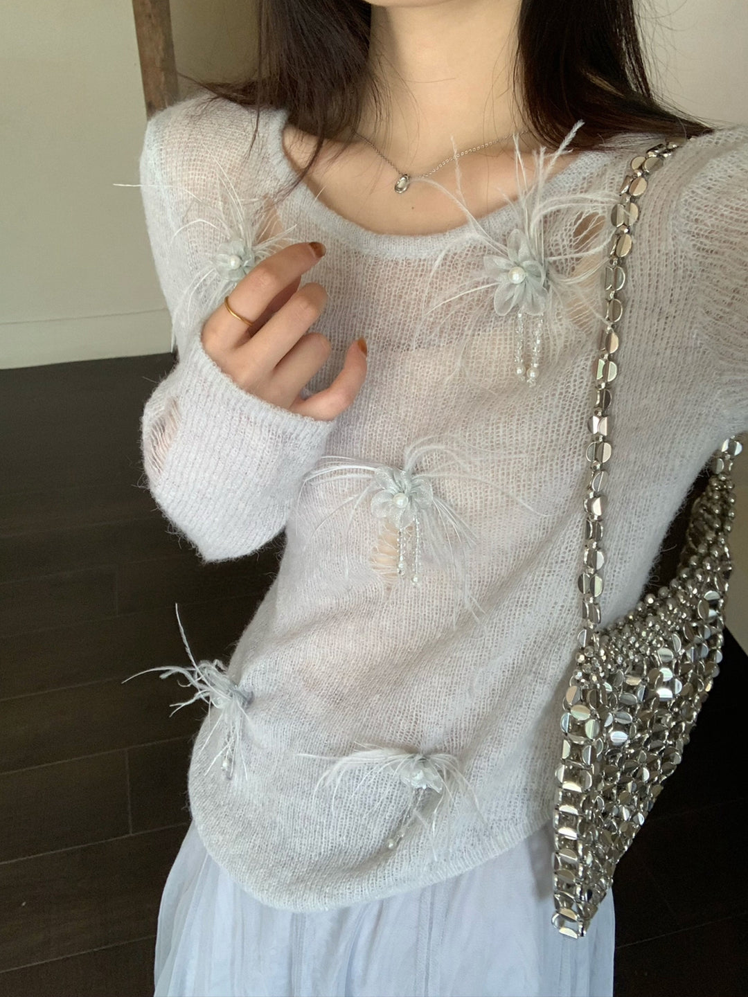 【set】立体感フラワー付きニットトップス×ロングチュールスカートセット Q8972