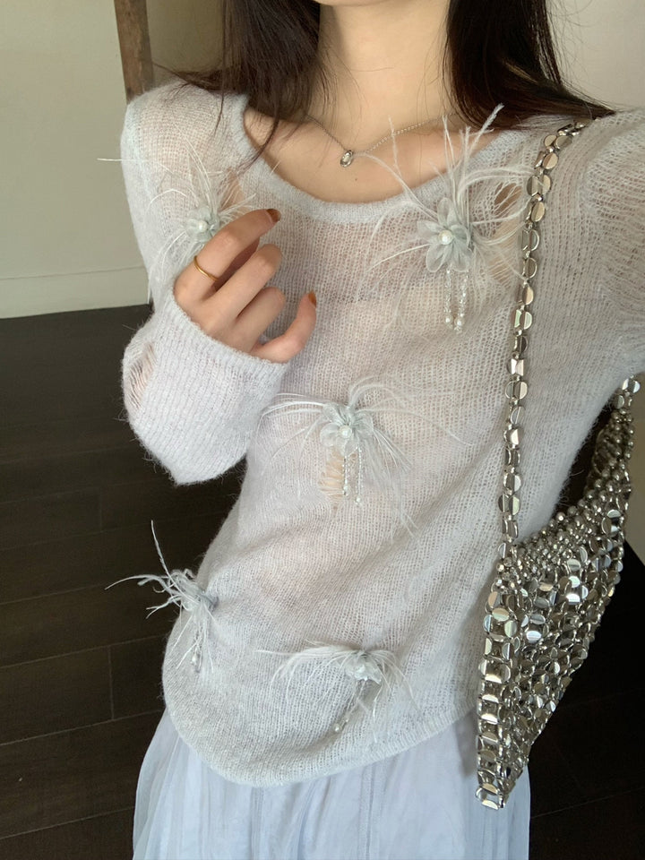 【set】立体感フラワー付きニットトップス×ロングチュールスカートセット Q8972