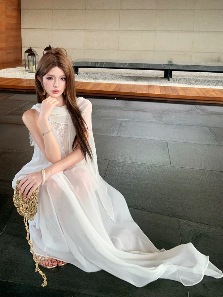 【dress】レースドッキングシアーチュールロングワンピース Q8585