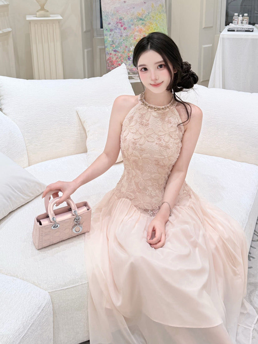 【dress】ノースリーブレースドッキングロングワンピース Q8685