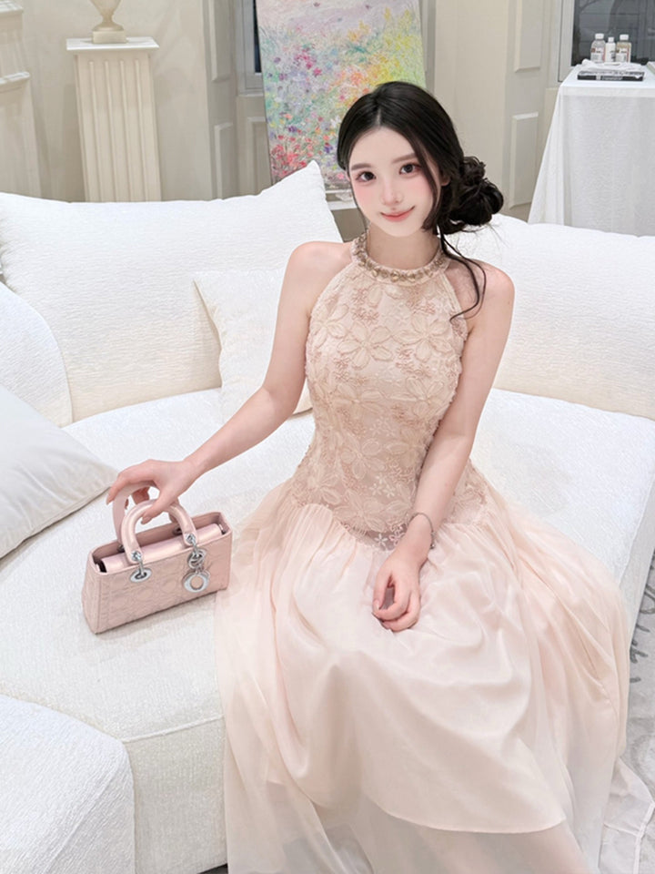 【dress】ノースリーブレースドッキングロングワンピース Q8685