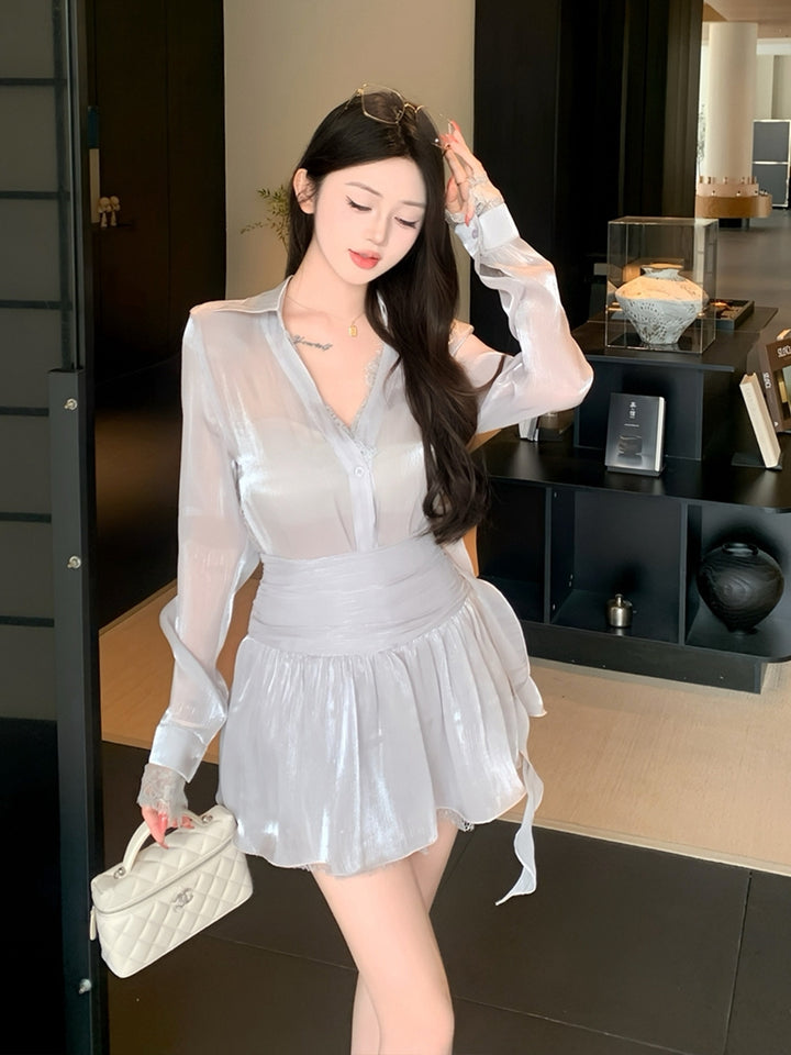 【set】レースドッキングトップス×ミニスカートセット Q9055