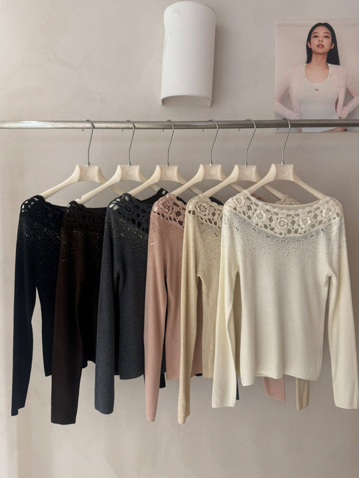 【tops】レースネックニットトップス Q9128