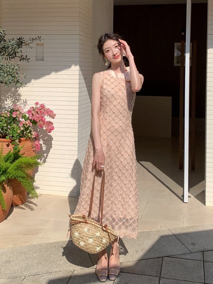 【dress】ノースリーブリボン付きロングワンピース Q8679