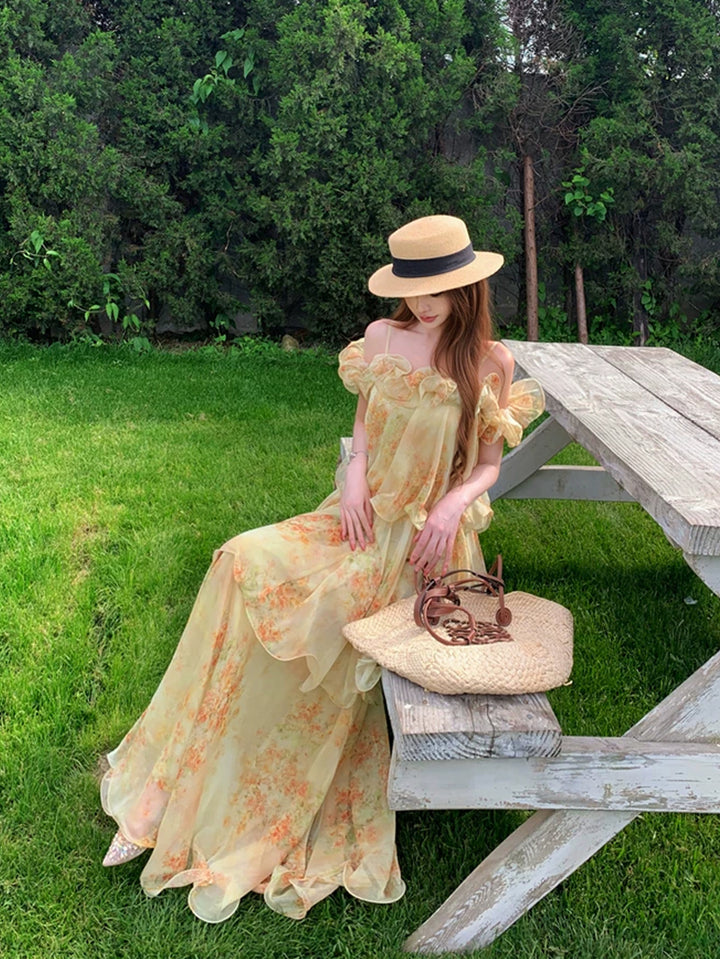 【dress】フラワー柄ロングティアードキャミワンピース Q8643