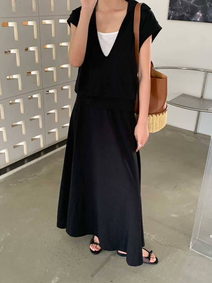 【set】フェイクレイヤードトップス×ロングスカートセット Q8660