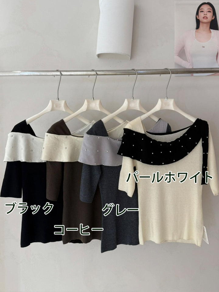 【tops】ラインストーン付きロールカラーニットトップス Q9076