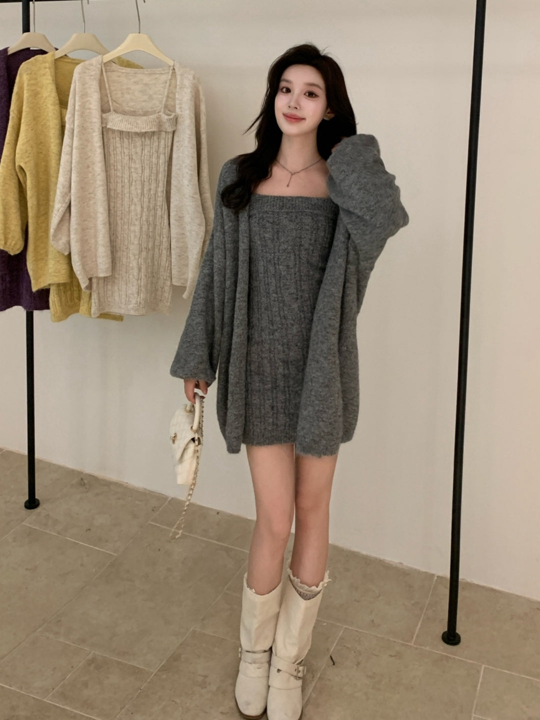 【set】ニットキャミワンピース×ニットカーディガンセット Q9257