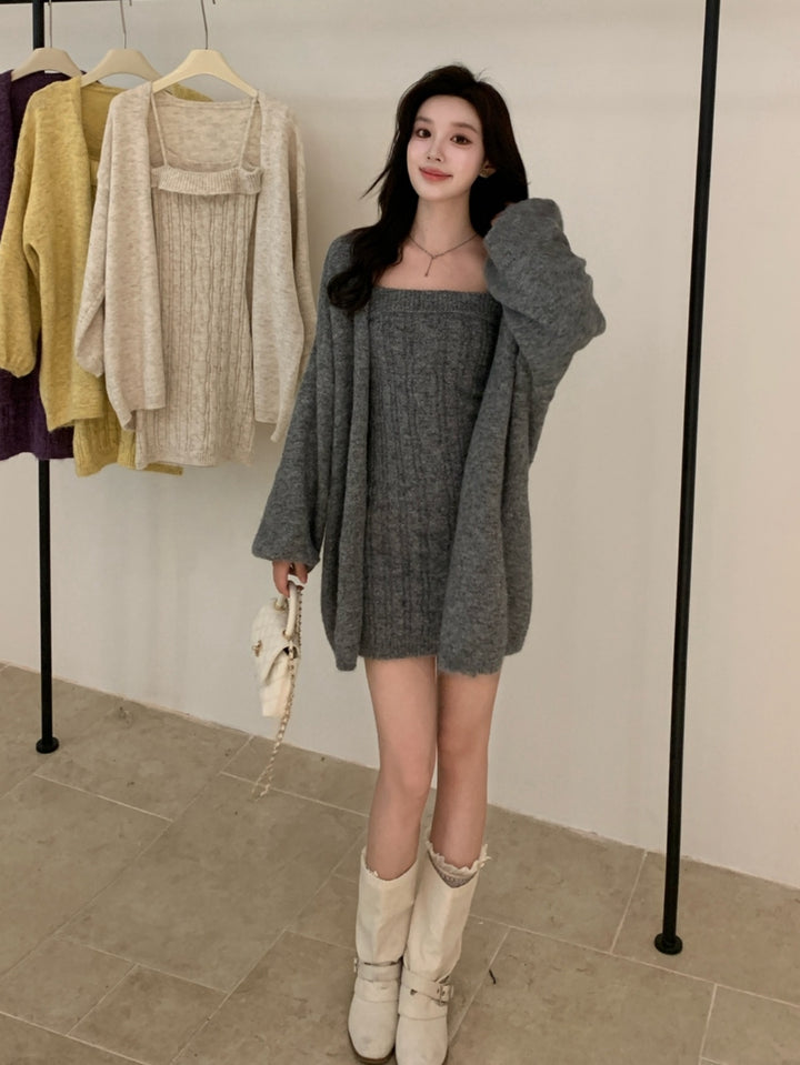 【set】ニットキャミワンピース×ニットカーディガンセット Q9257