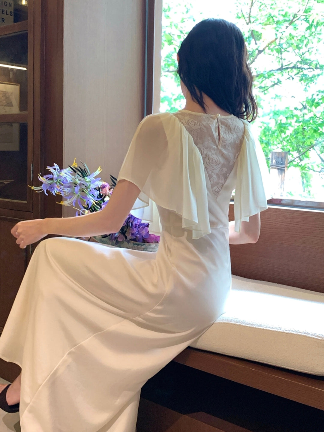 【dress】レースドッキングハンカチーフスリーブロングワンピース Q8675