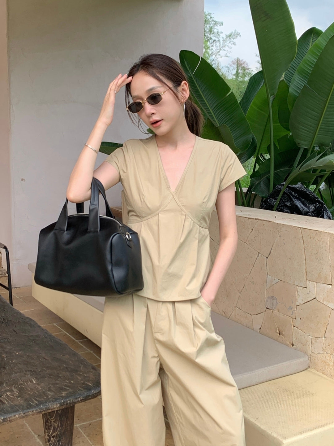 【set】バックオープントップス×ワイドパンツセット Q8652