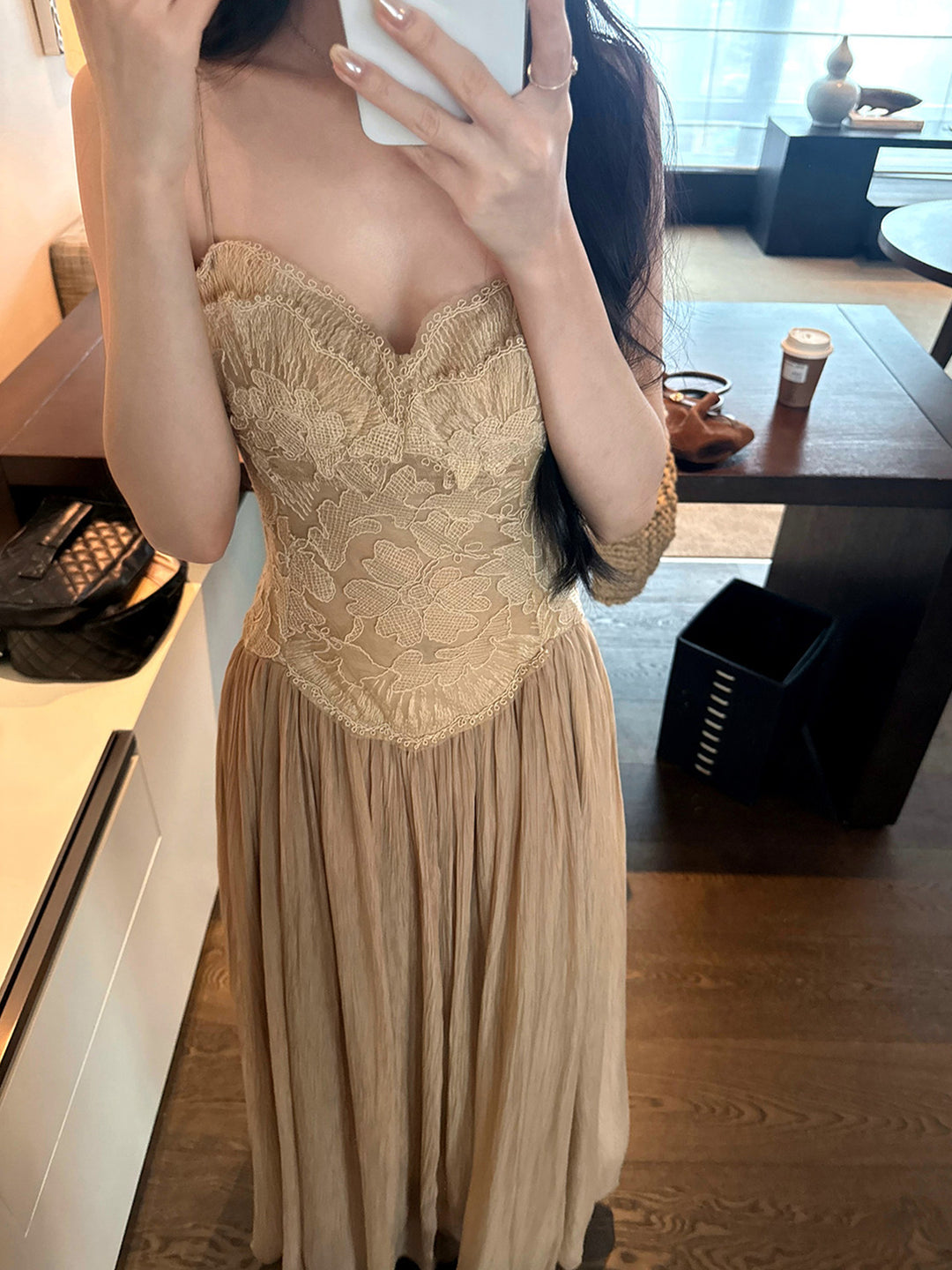【set】レースドッキングロングキャミワンピース×ニットカーディガンセット Q9295