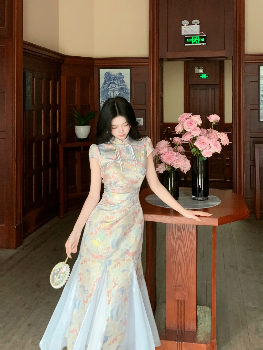【dress】半袖サテンドッキングロングワンピース Q8542
