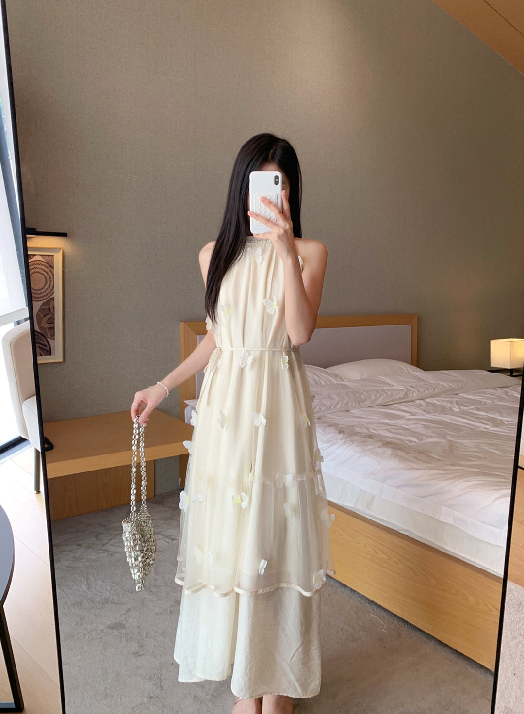 【dress】ノースリーブ立体感蝶ロングワンピース Q8662