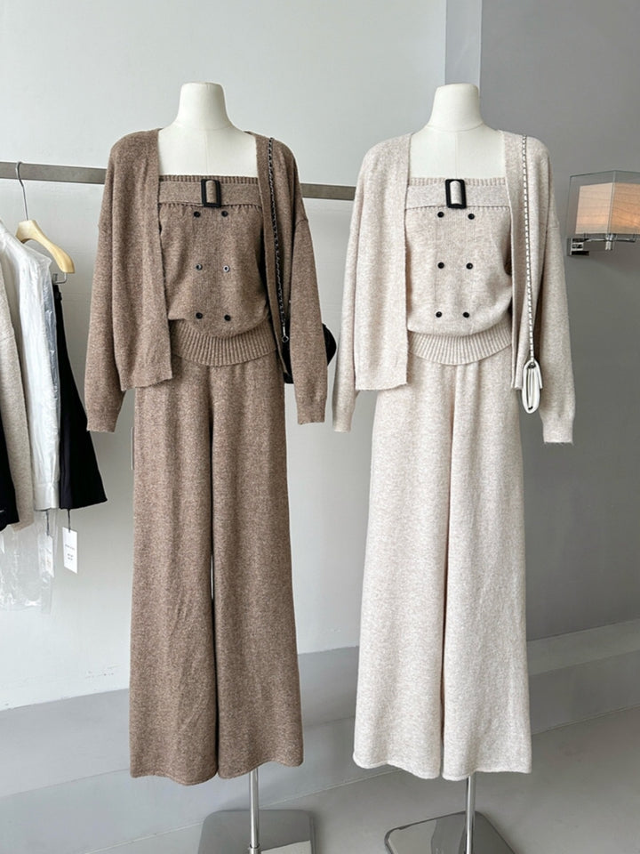 【set】ベルト付きニットチューブトップス×ニットカーディガン×ワイドパンツ3点セット Q9309