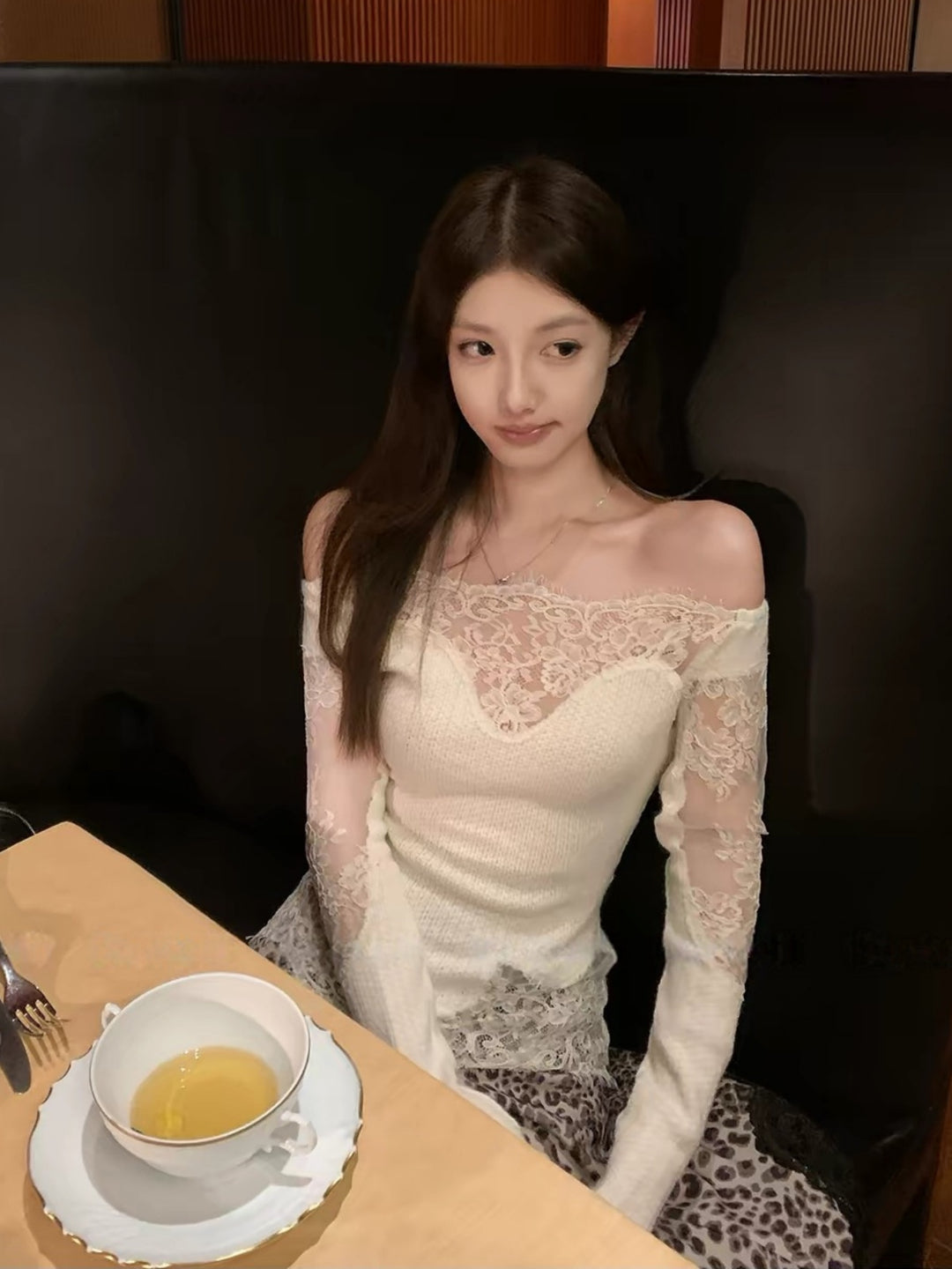 【tops】レースドッキングオフショルダーニットトップス Q9320