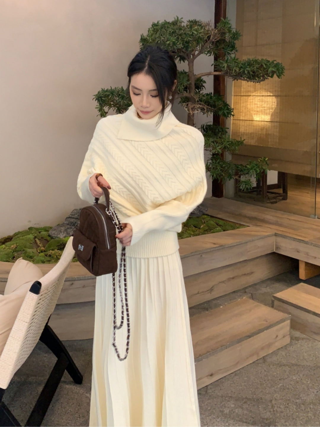 【set】ハイネックニットトップス×ロングスカートセット Q9253