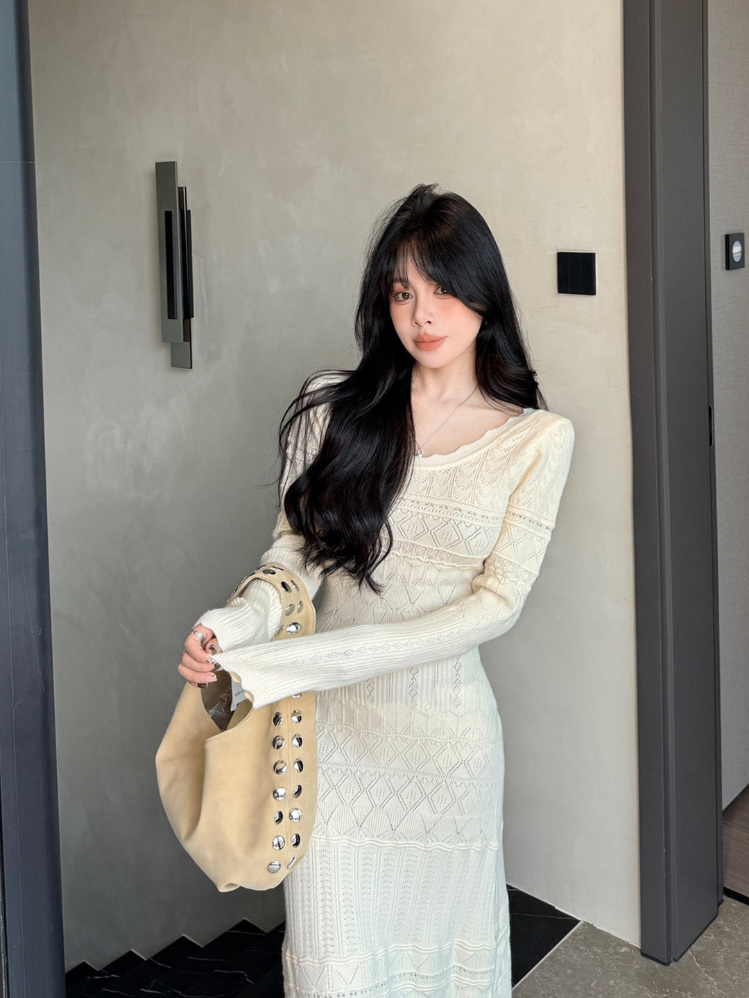 【dress】ロングアイレットニットワンピース Q9189