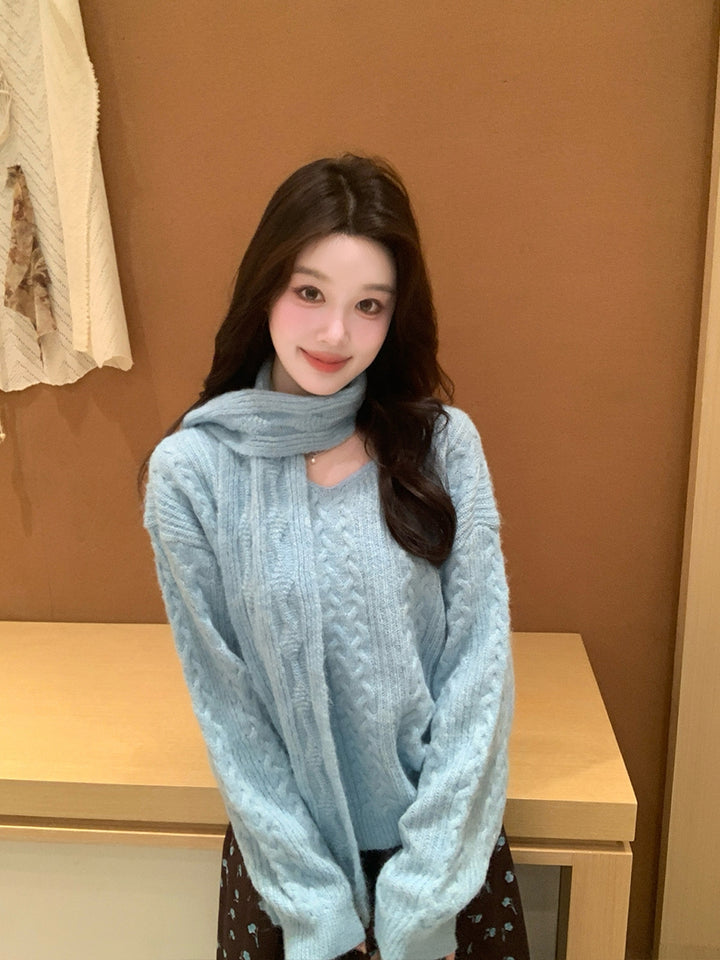 【tops】マフラー付きニットトップス Q9239