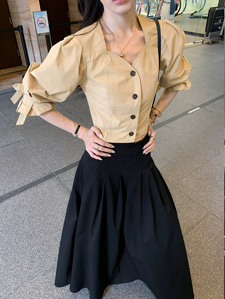 【set】袖リボン付きトップス×ロングスカートセット Q8967