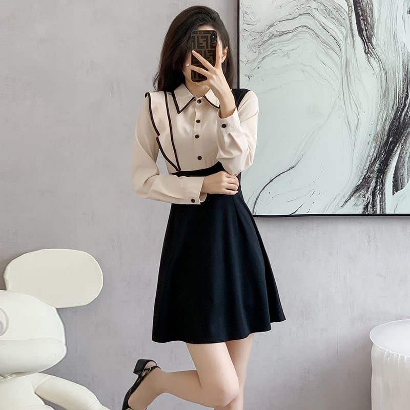 【dress】韓国系折り襟フリル切り替えデートワンピース　M17399