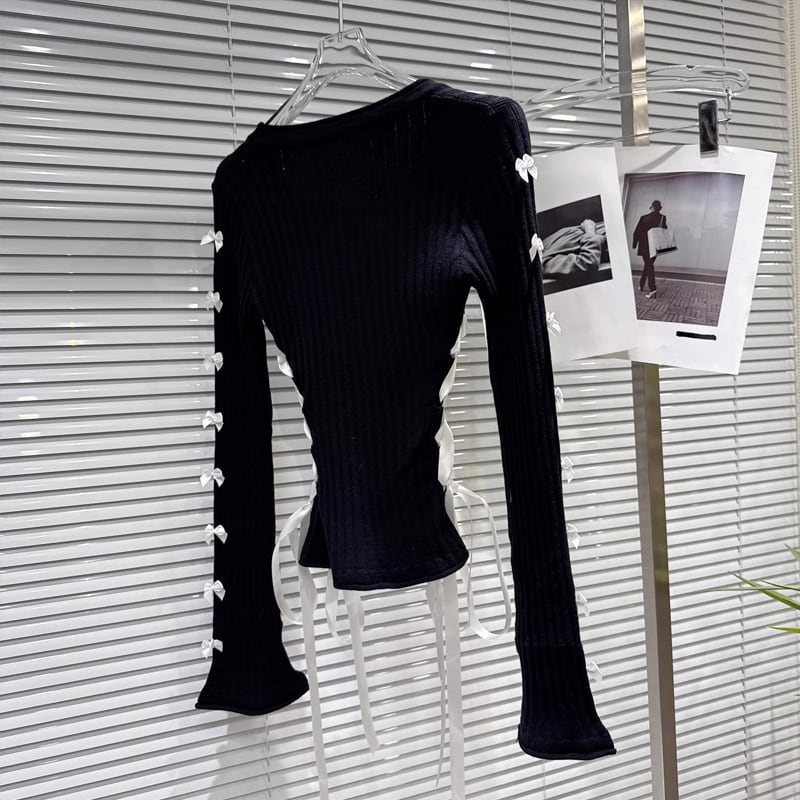 【tops】リボン付きニットトップス Q7892