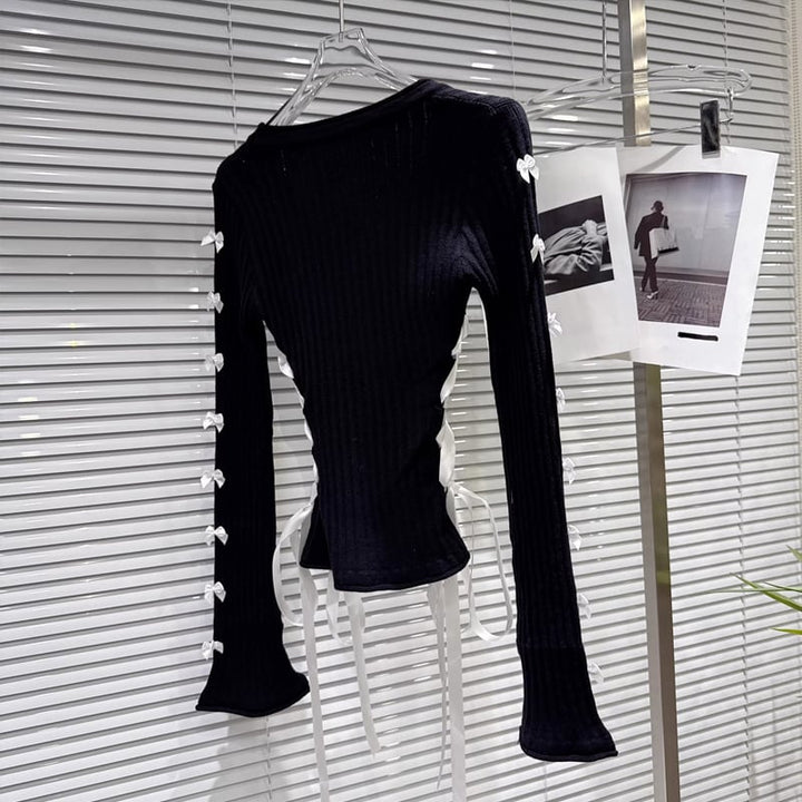 【tops】リボン付きニットトップス Q7892
