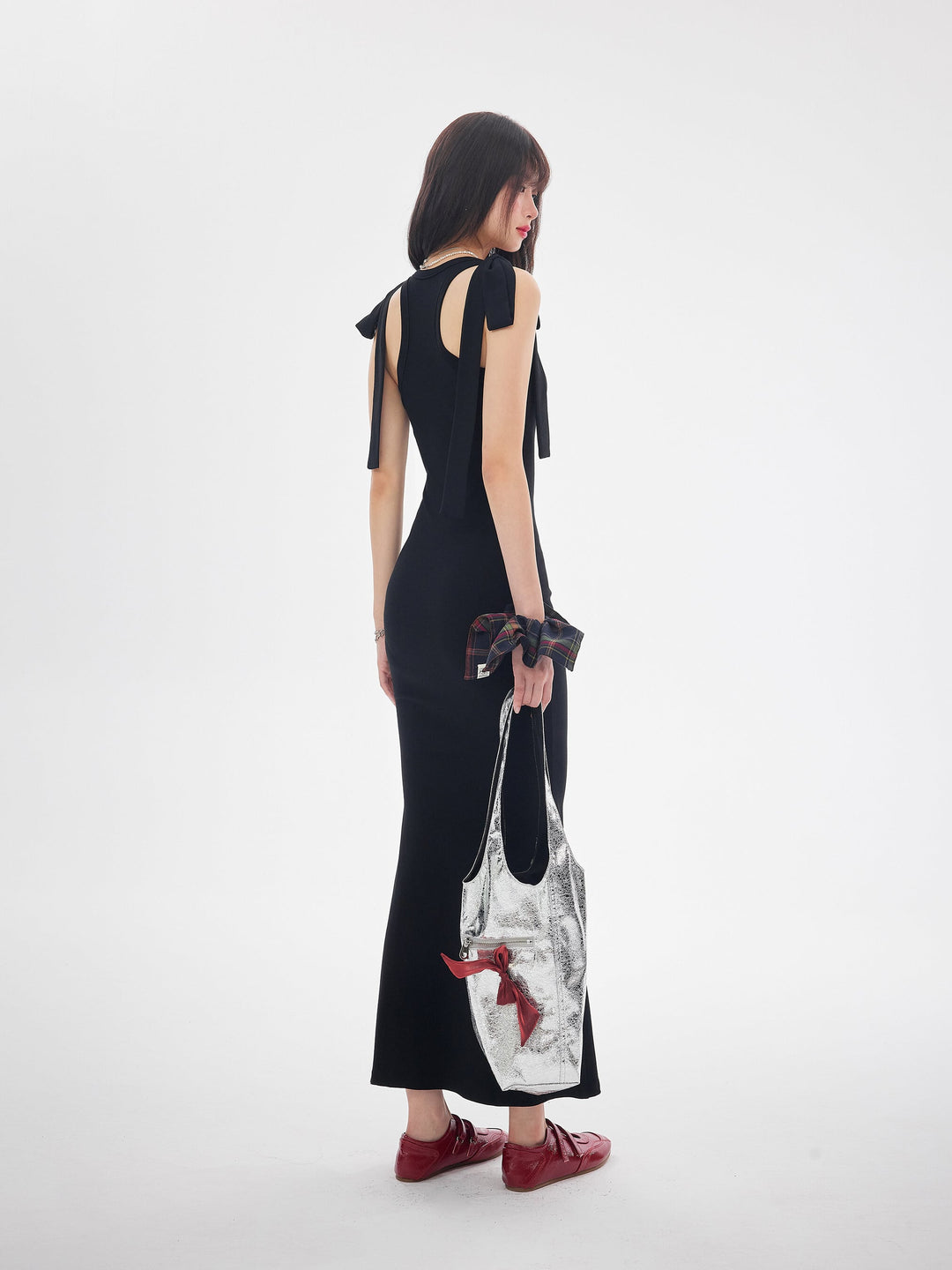 【dress】ショルダーリボンシェイプリブカットロングワンピース　N3520