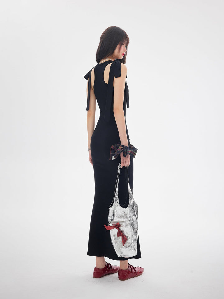 【dress】ショルダーリボンシェイプリブカットロングワンピース　N3520
