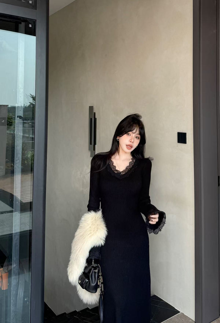 【dress】レースドッキングニットワンピース  K0677