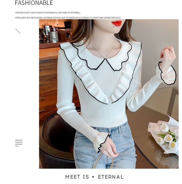 【tops】折り襟フリルニットトップス　M18137