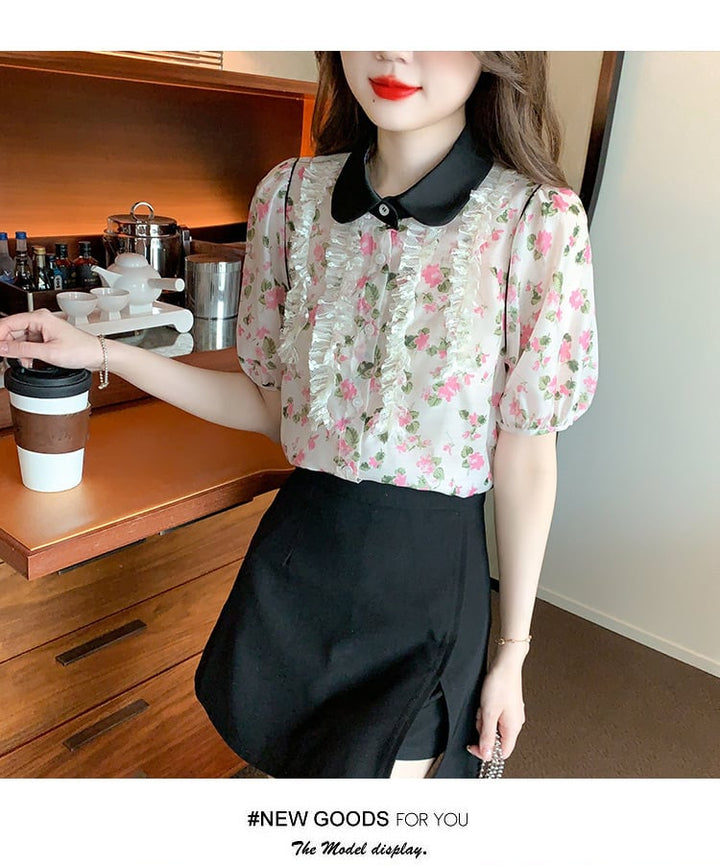 【tops】美人度アップスウィート折り襟花柄シャツトップス　M16883