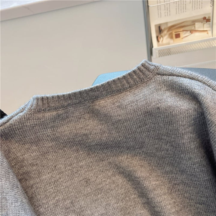 【tops】刺繍デニム切り替えニットセーター　M17706