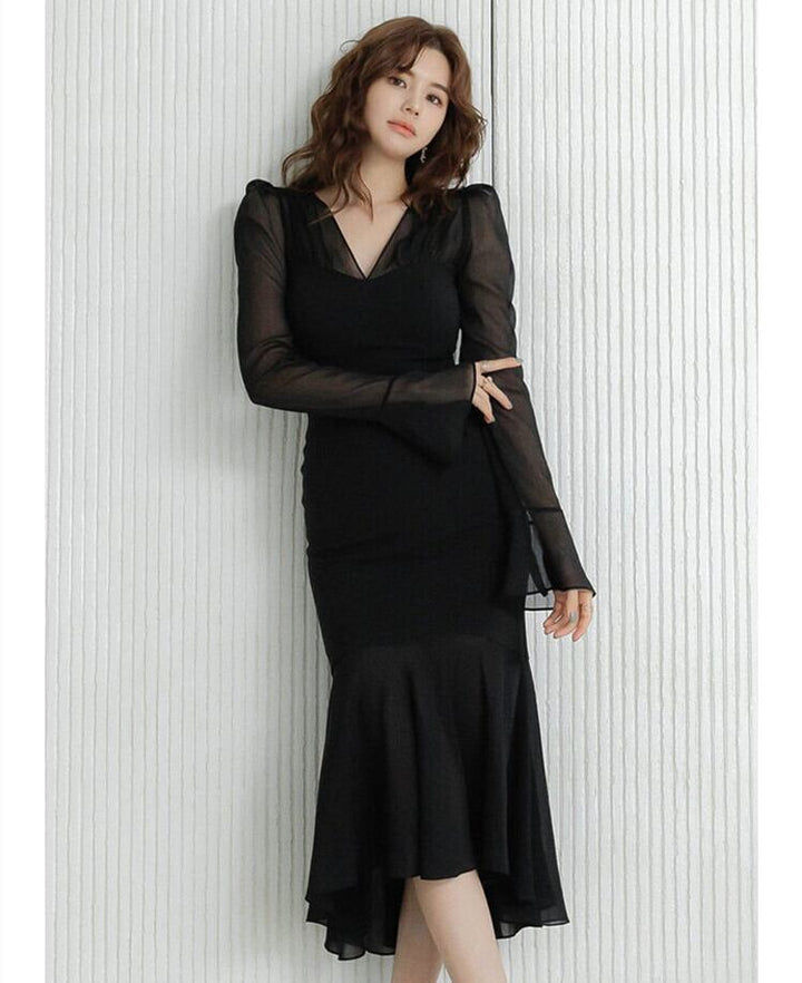 【dress】シアースリーブマーメイドデートワンピース　N2747