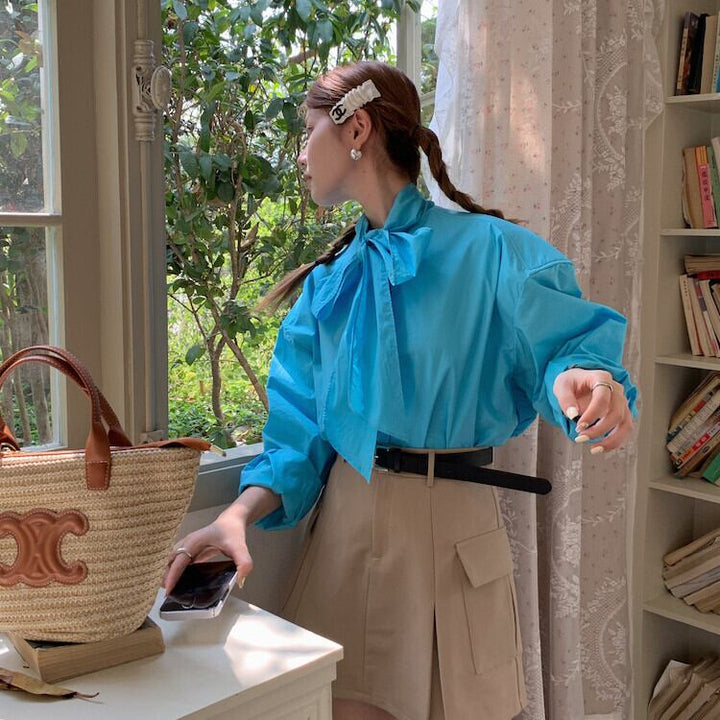 【tops】リボン付きシャツブラウス　M29818